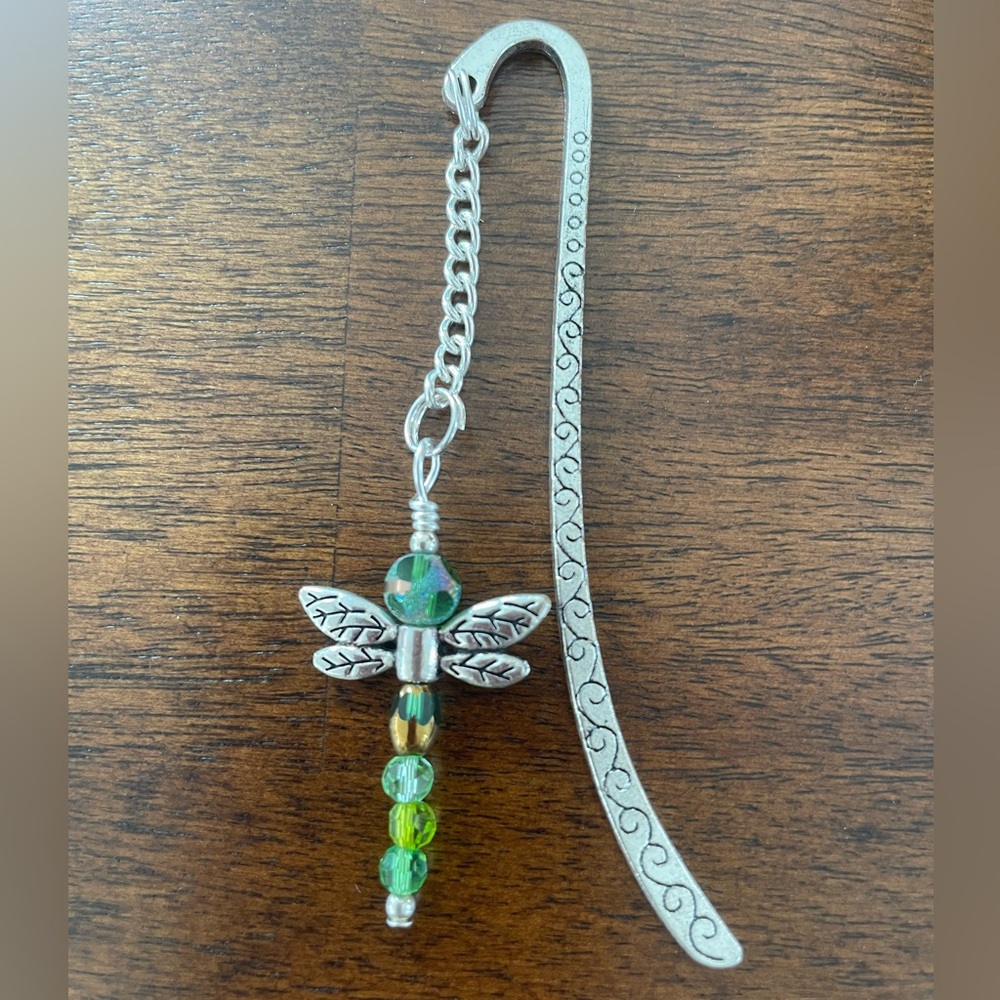 Handmade Green Bead Mix Dragonfly Bookmark with Silver Tone Hook - ideal Gift